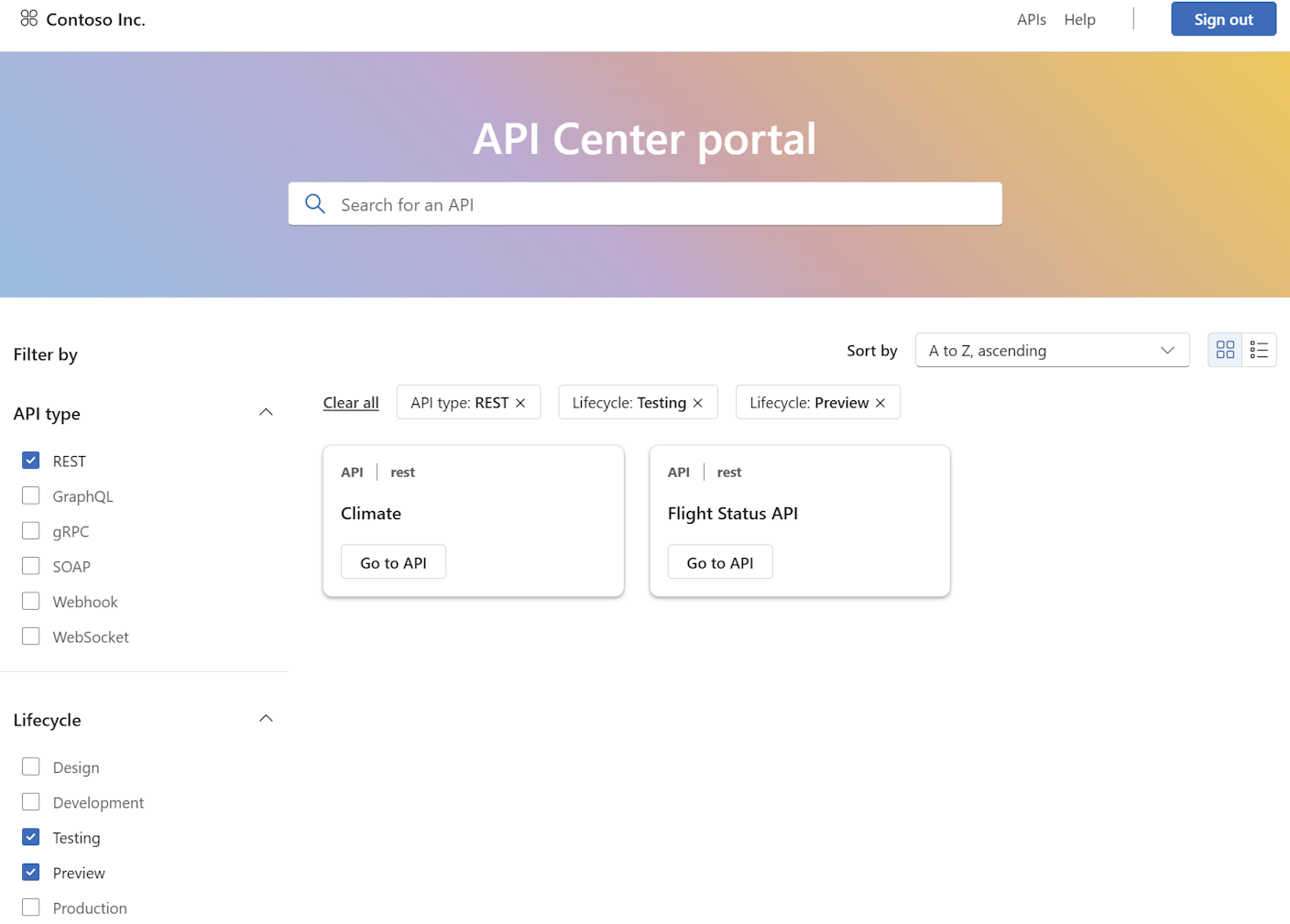 Screenshot of the API Center portal after user sign-in.