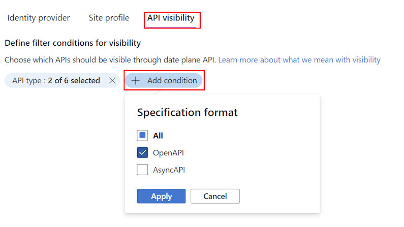 Screenshot of adding API visibility conditions in the portal.