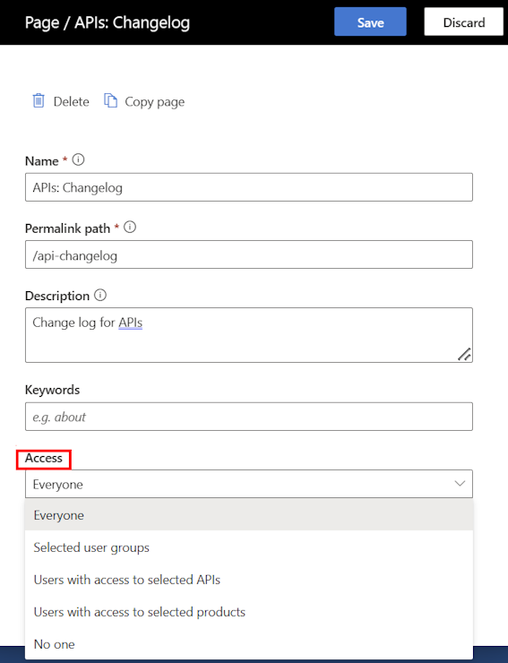 Captura de pantalla de la configuración del control de acceso de la página en el portal para desarrolladores.