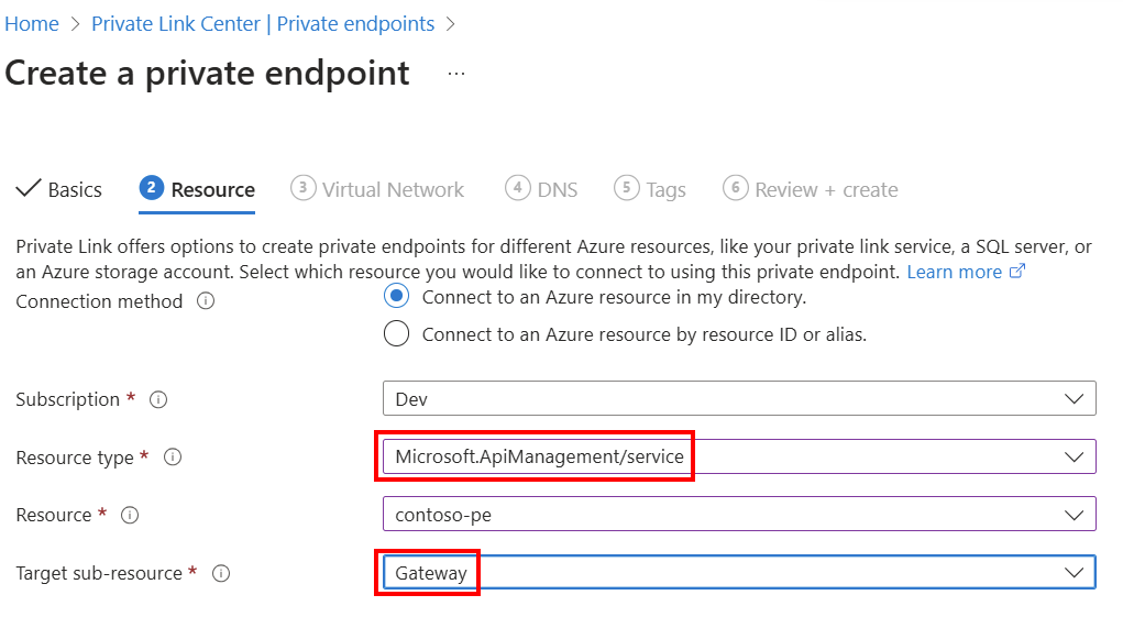 Recorte de pantalla que muestra la configuración para crear un punto de conexión privado en Azure Portal.