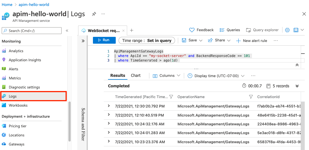 Consulta de registros para solicitudes de API de WebSocket