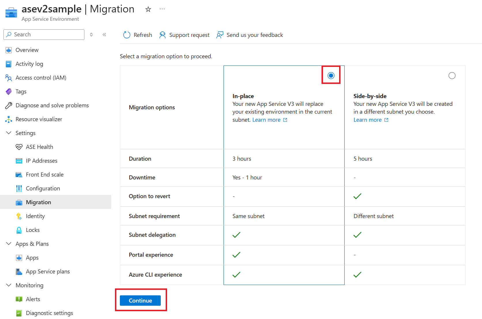 Captura de pantalla que muestra la tabla con las opciones de migración.