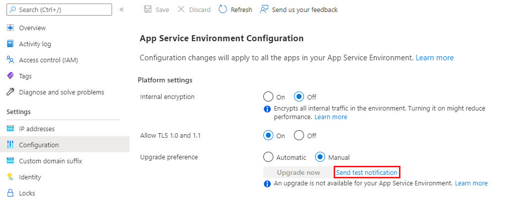 Captura de pantalla de un panel de configuración para enviar notificaciones de prueba para App Service Environment.