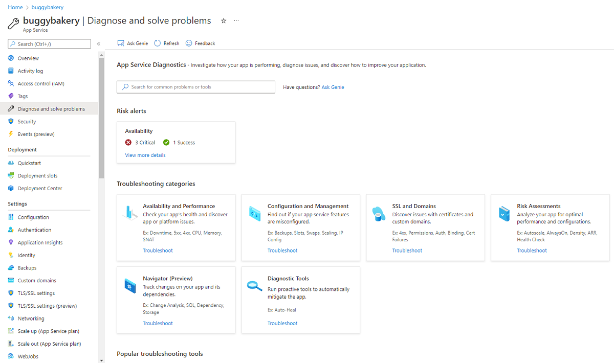 Página principal de diagnóstico y solución de problemas de App Service con el cuadro de búsqueda de diagnóstico, las evaluaciones de alertas de riesgo y las categorías de solución de problemas para diagnósticos de descubrimiento para el recurso de Azure seleccionado.