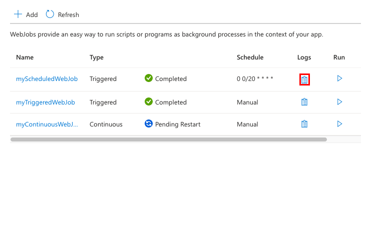 Captura de pantalla que se muestra cómo acceder a registros de un WebJob.