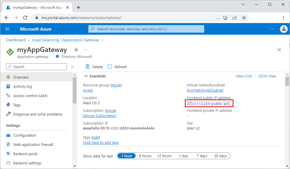 Captura de pantalla de la grabación de la dirección IP pública de Application Gateway.