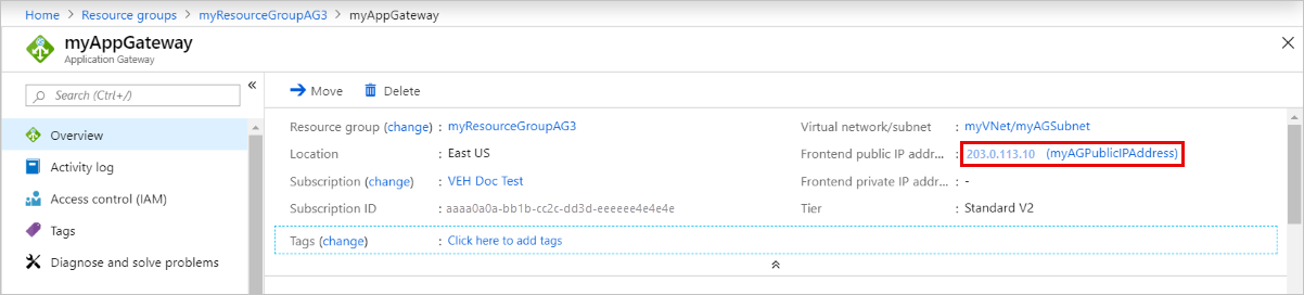 Captura de pantalla de la dirección IP pública de Application Gateway.