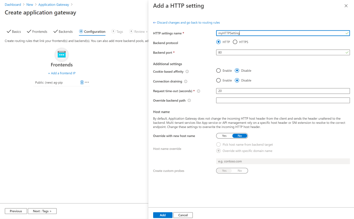 Captura de pantalla de Agregar configuración de HTTP de la pestaña de configuración para crear una nueva instancia de Application Gateway