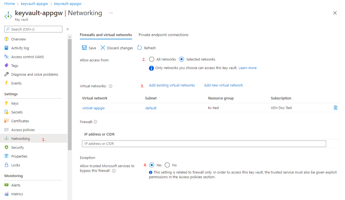 Captura de pantalla que muestra las selecciones para configurar Application Gateway para usar firewalls y redes virtuales.