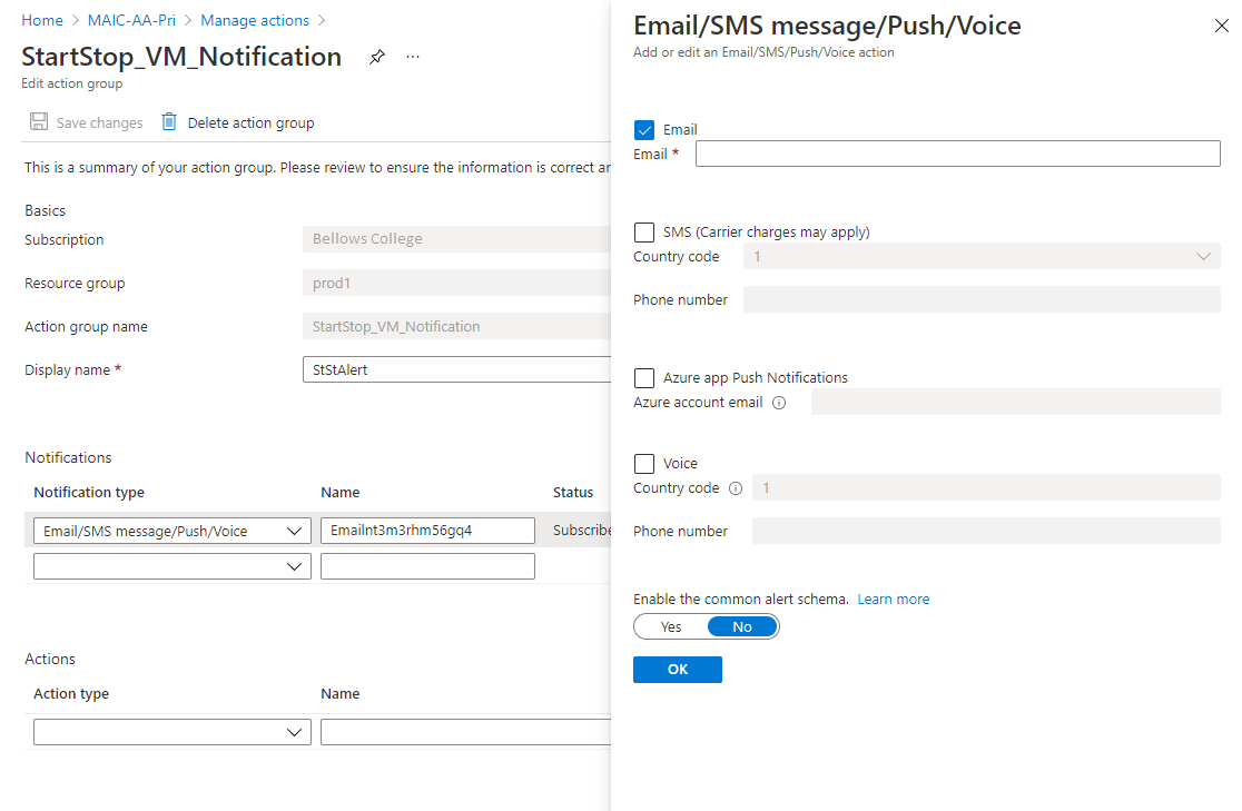 Configuración de un grupo de acciones de correo electrónico