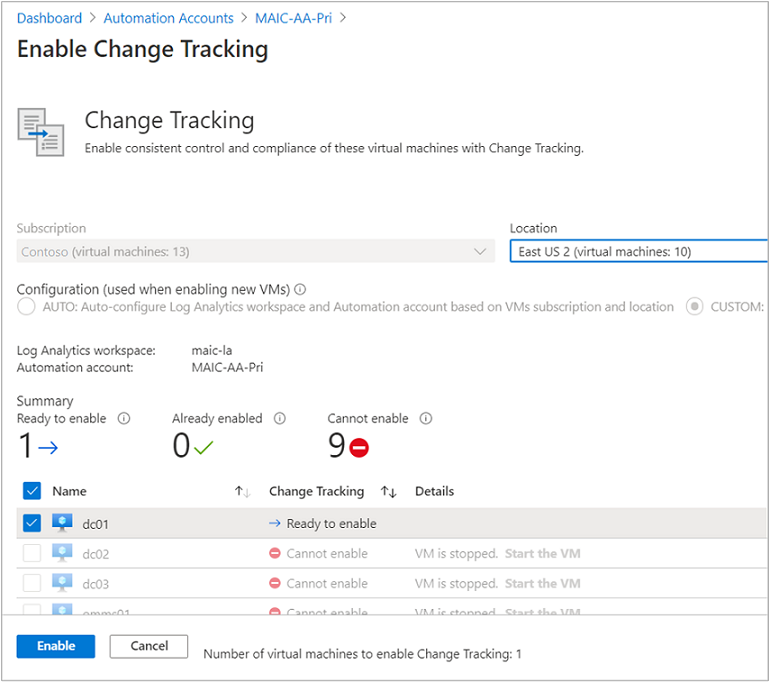 Habilitación de Change Tracking e Inventario para la máquina virtual