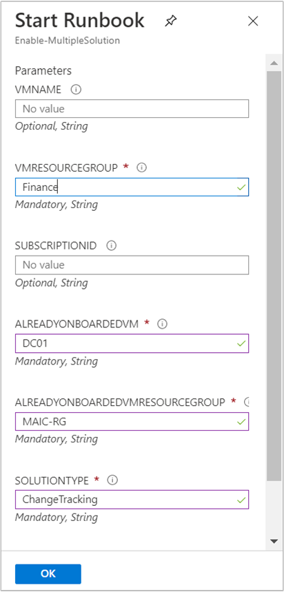 Parámetros del runbook Enable-MultipleSolution