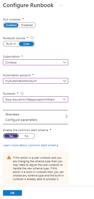 Configure la página del runbook con los valores adecuados.