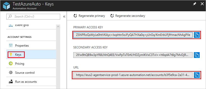 Claves y dirección URL de Azure Automation