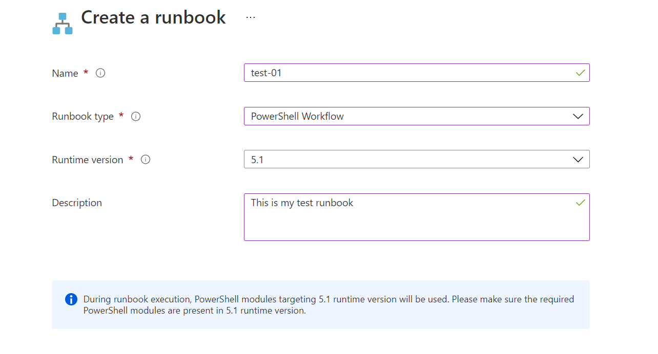  Opciones de runbook del flujo de trabajo de PowerShell desde el portal