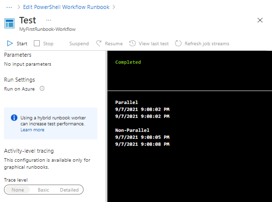 Salida paralela del runbook de flujo de trabajo de PowerShell