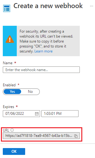 Cree una página de webhook con la dirección URL resaltada.