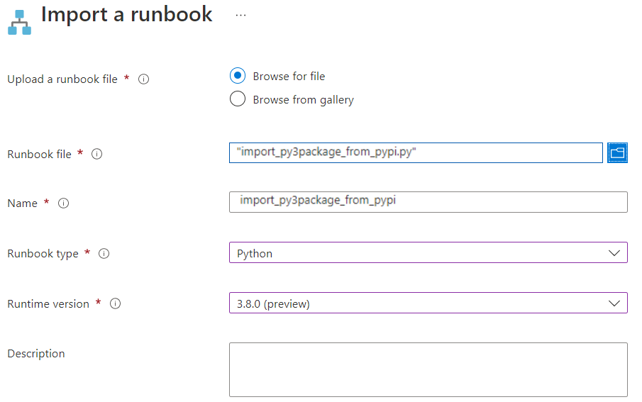 Captura de pantalla que muestra la página de importación de runbooks de Python 3.