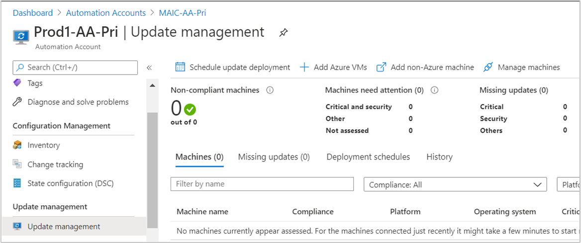 Vista de evaluación de características de Update Management