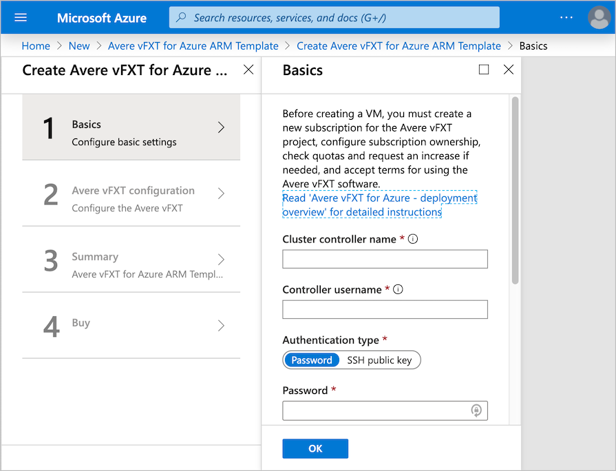 Azure Marketplace con la visualización de la primera página de la plantilla de implementación