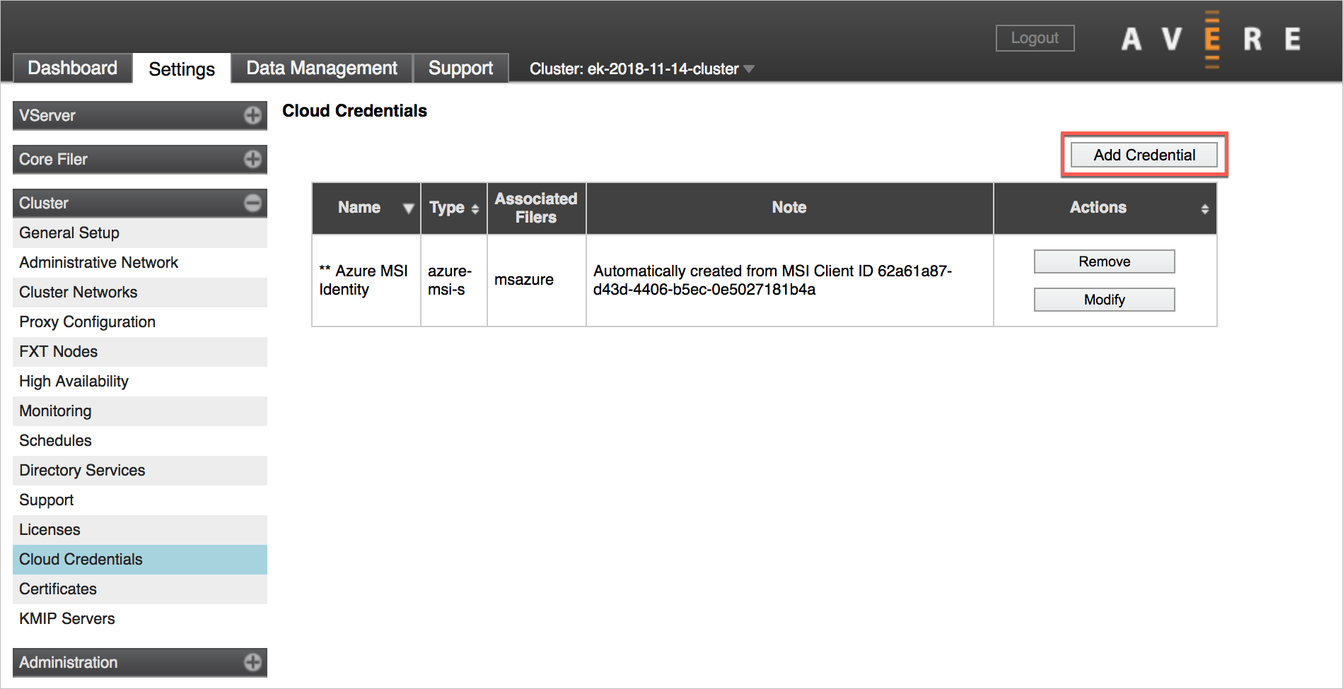 Haga clic en el botón Add Credential (Agregar credencial); este se encuentra en la página de configuración de credenciales en la nube