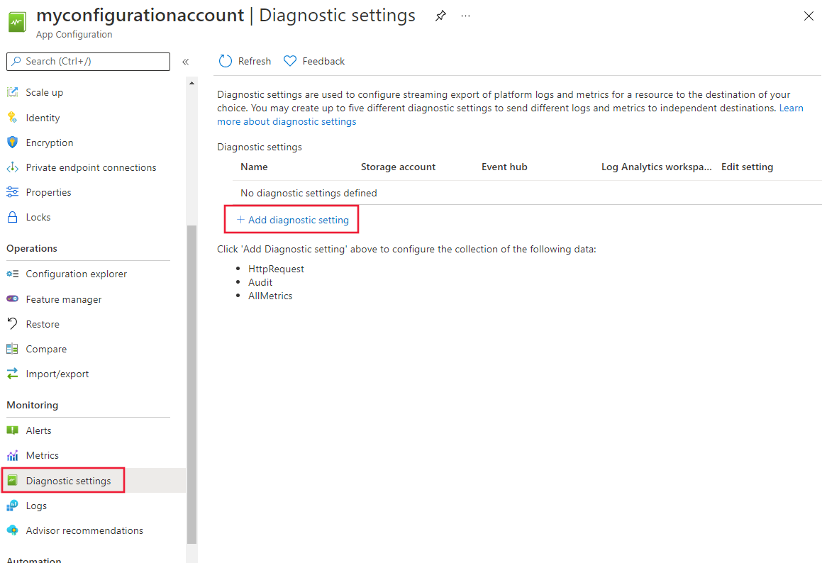 Adición de una configuración de diagnóstico