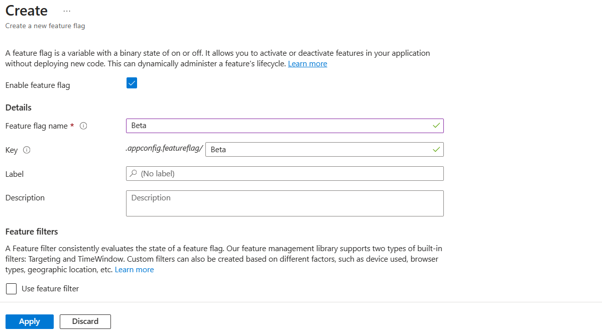 Captura de pantalla de Azure Portal en la que se muestran los valores de configuración para crear una marca de características.