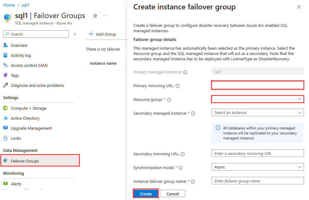 Recorte de pantalla del control Crear grupo de conmutación por error de instancia de Azure Portal.