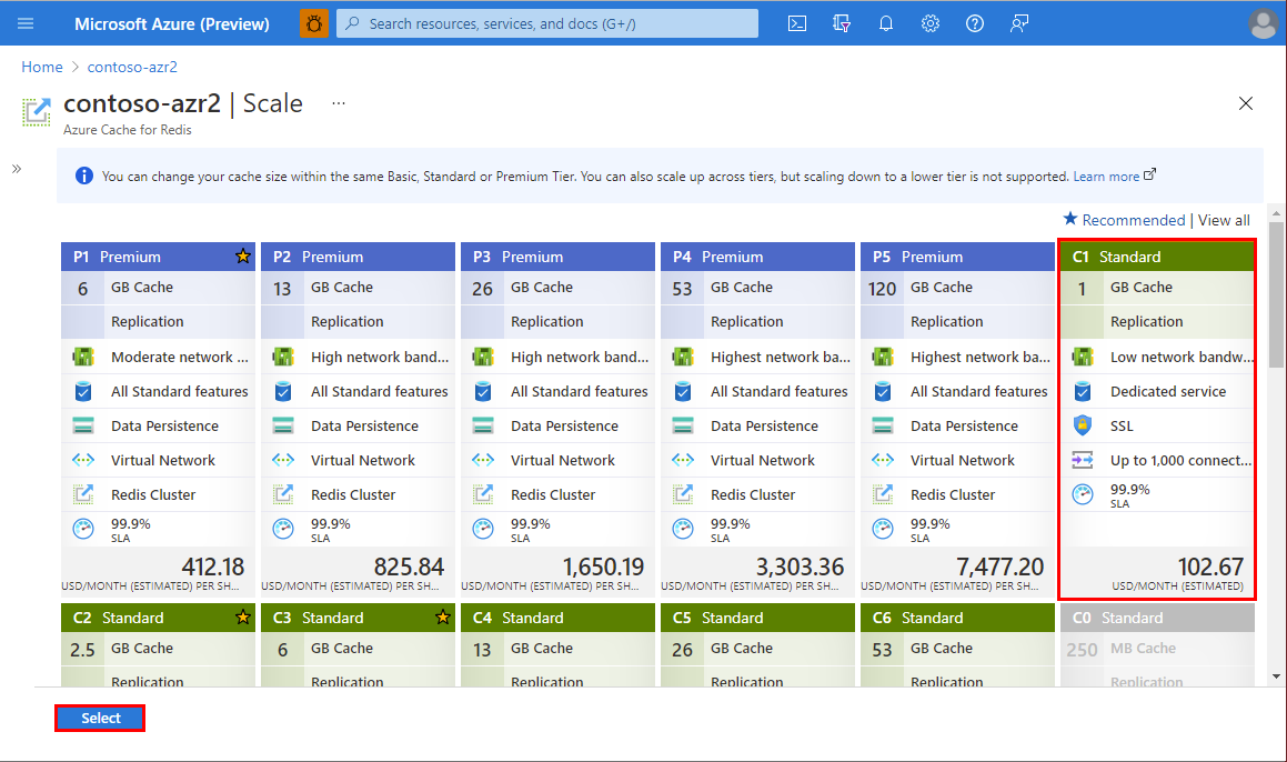 Captura de pantalla que muestra los niveles de Azure Cache for Redis.