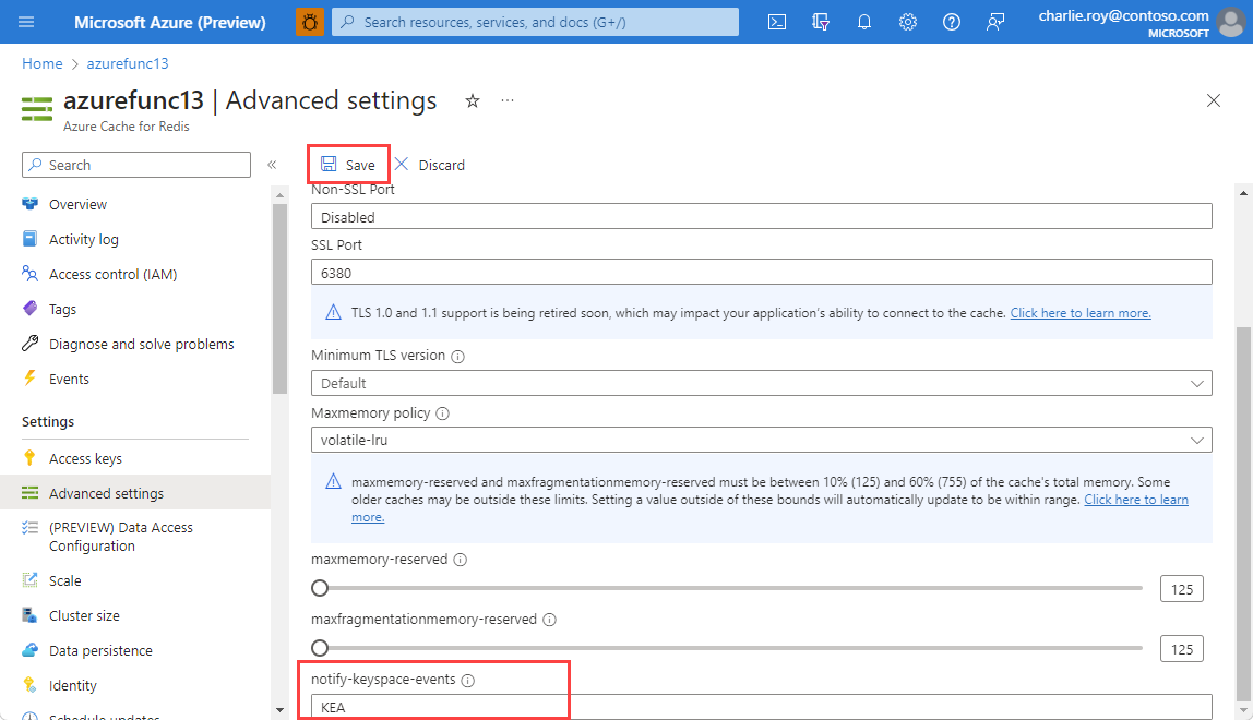 Captura de pantalla de la configuración avanzada de Azure Cache for Redis en el portal.