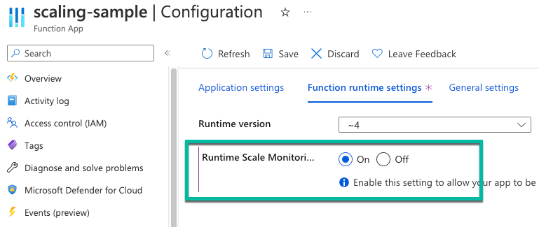 Captura de pantalla sobre cómo habilitar el escalado controlado por el entorno de ejecución para Azure Functions.