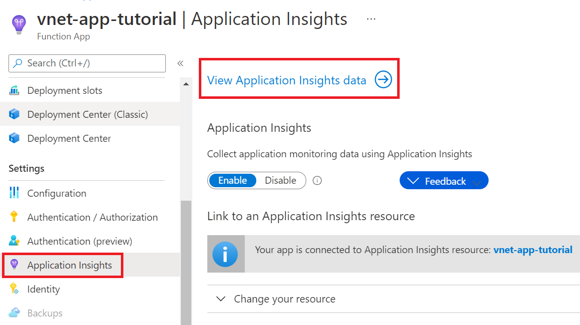 Captura de pantalla sobre cómo ver Application Insights para una aplicación de funciones.