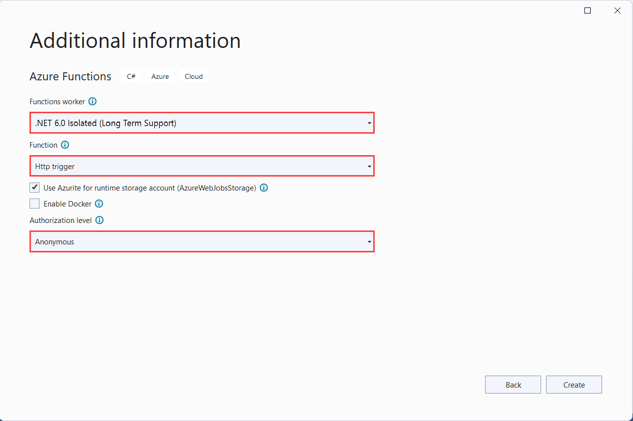 Captura de pantalla de la configuración del proyecto de Azure Functions