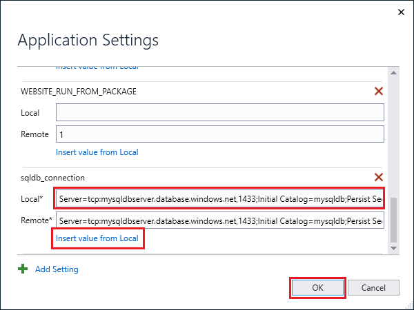 Incorporación de una configuración de cadena de conexión SQL.