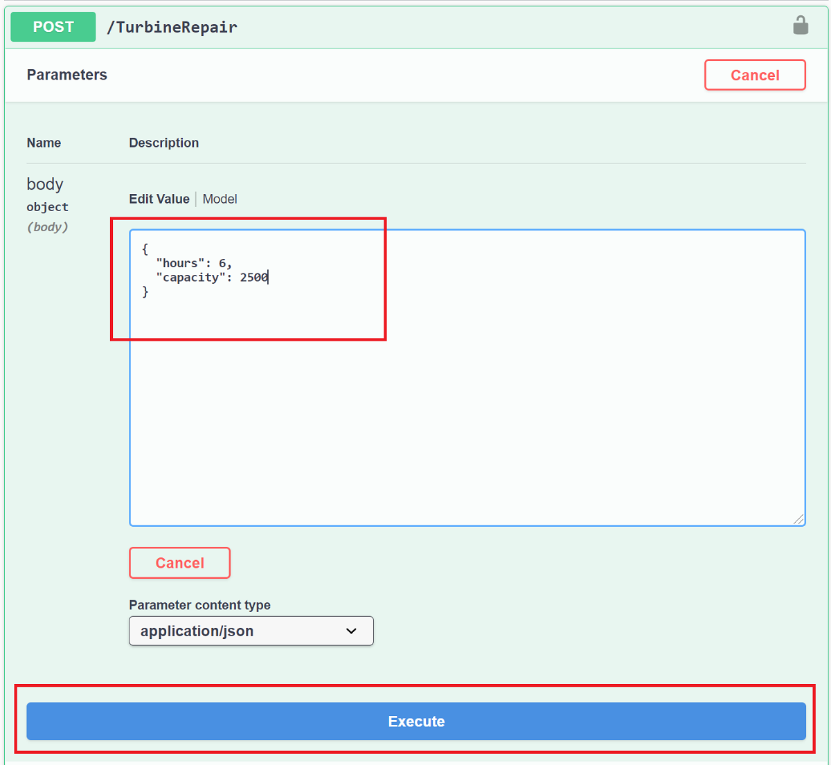 IU de Swagger UI para probar la API TurbineRepair