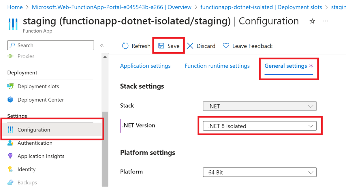 Captura de pantalla de cómo establecer la versión de .NET deseada para una aplicación de funciones en Azure Portal.