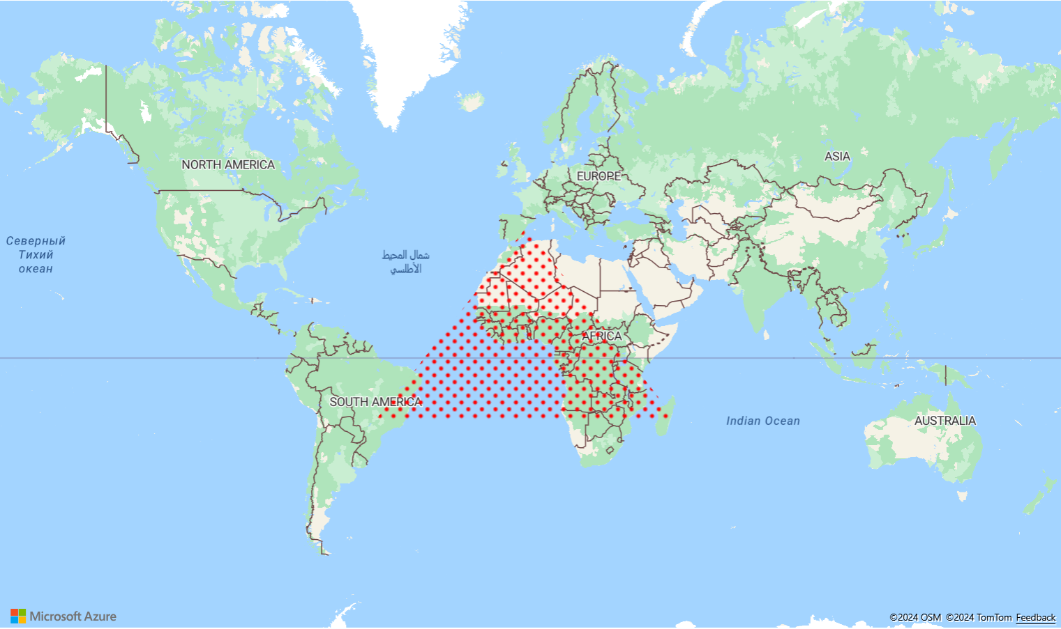 Instantánea de un mapa que muestra una capa de polígono mediante la plantilla de imagen de punto con un color principal rojo y un color secundario transparente.