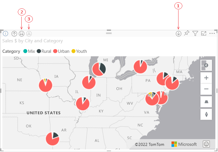 Recorte de pantalla en el que se muestran los botones de exploración en profundidad en Power BI Desktop.