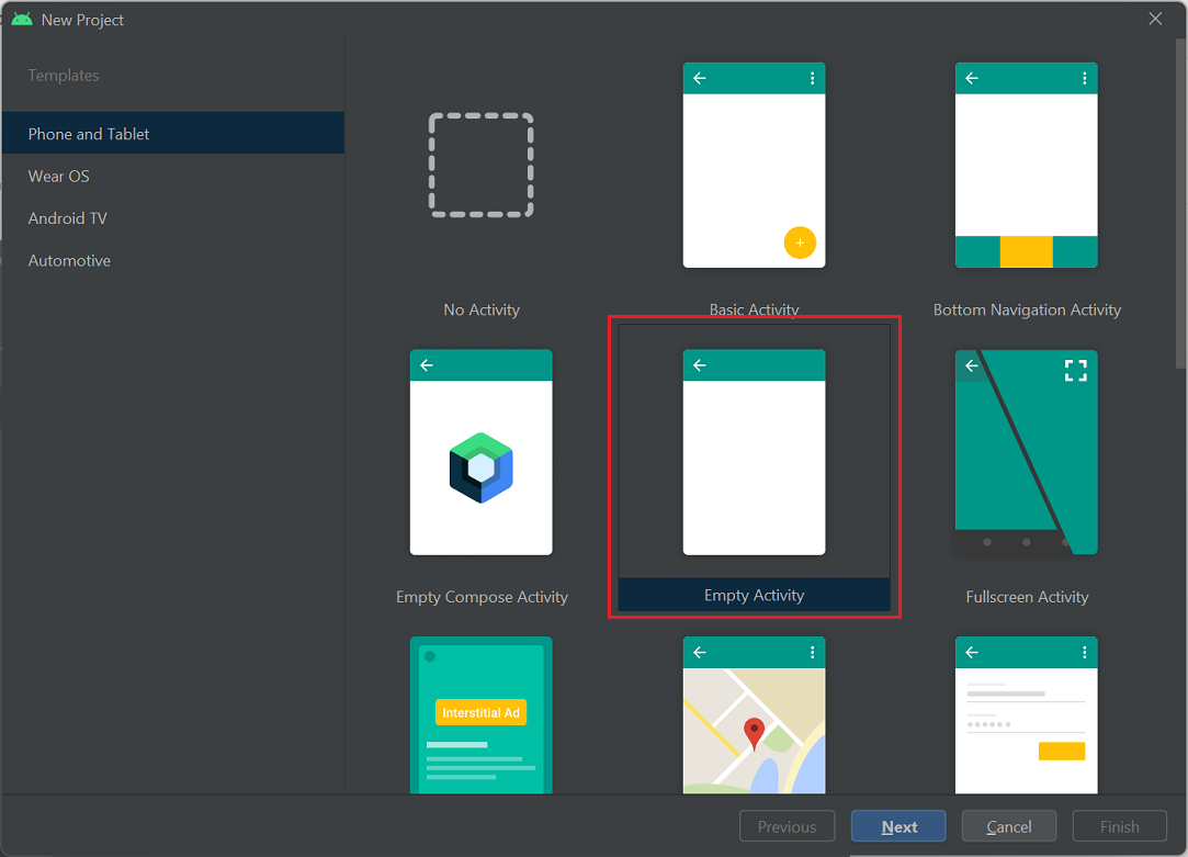 Captura de pantalla que muestra la pantalla Nuevo proyecto en Android Studio.