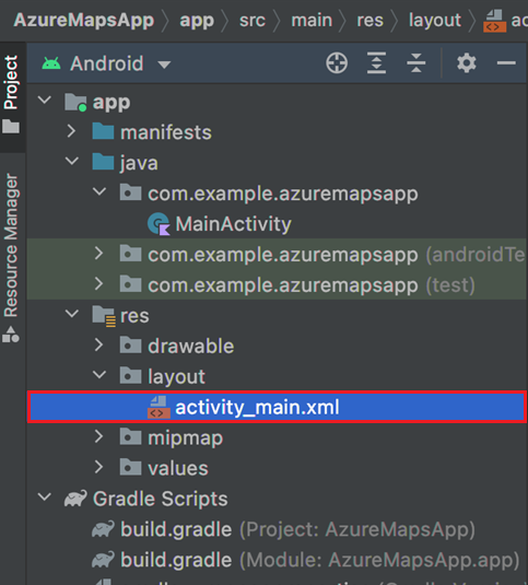 Captura de pantalla en la que se muestra el archivo activity_main.xml en el panel del navegador de proyectos en Android Studio.