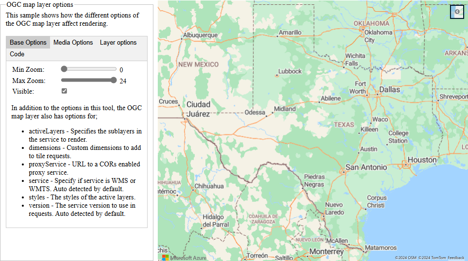 Captura de pantalla que muestra un mapa junto con las opciones de capa de mapas OGC.