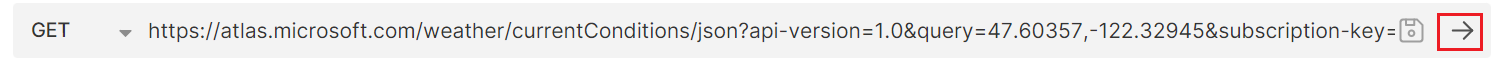 Captura de pantalla que muestra la URL de Solicitud de datos meteorológicos en tiempo real con el botón ejecutar resaltado en la aplicación bruno.