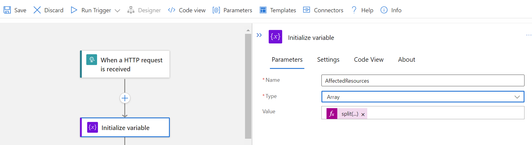 Captura de pantalla que muestra la pestaña Parámetros del panel Inicializar variable.