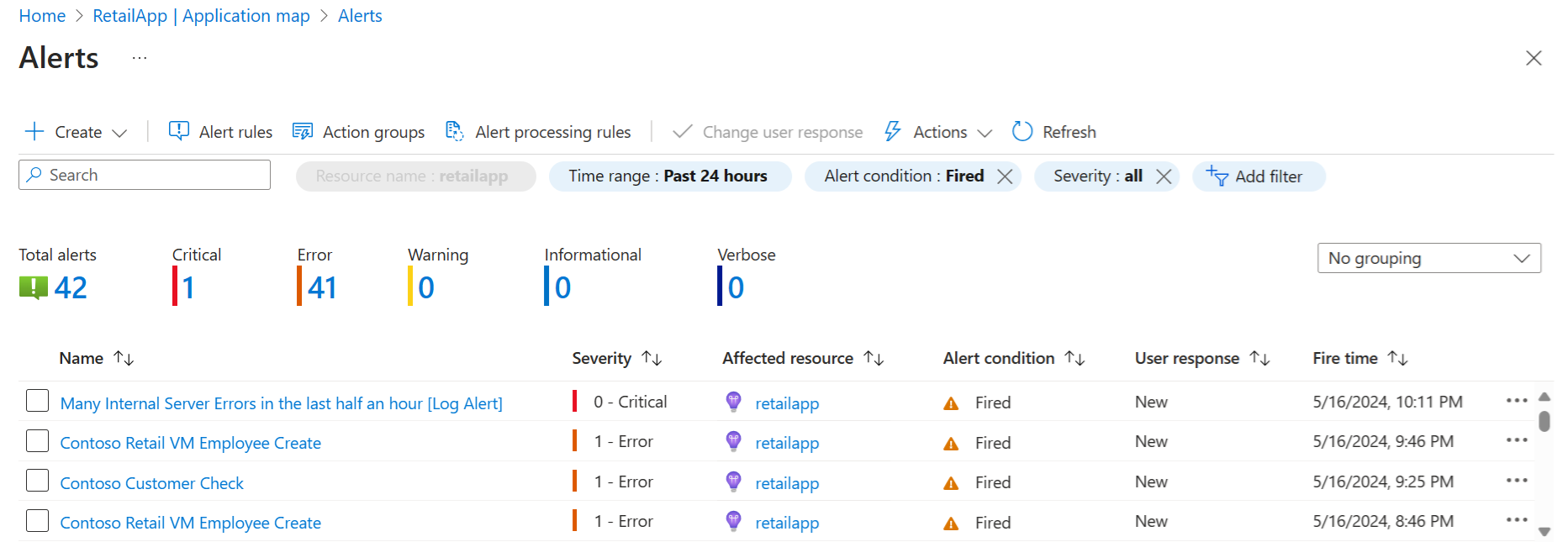 Captura de pantalla que muestra la lista de alertas del componente seleccionado.