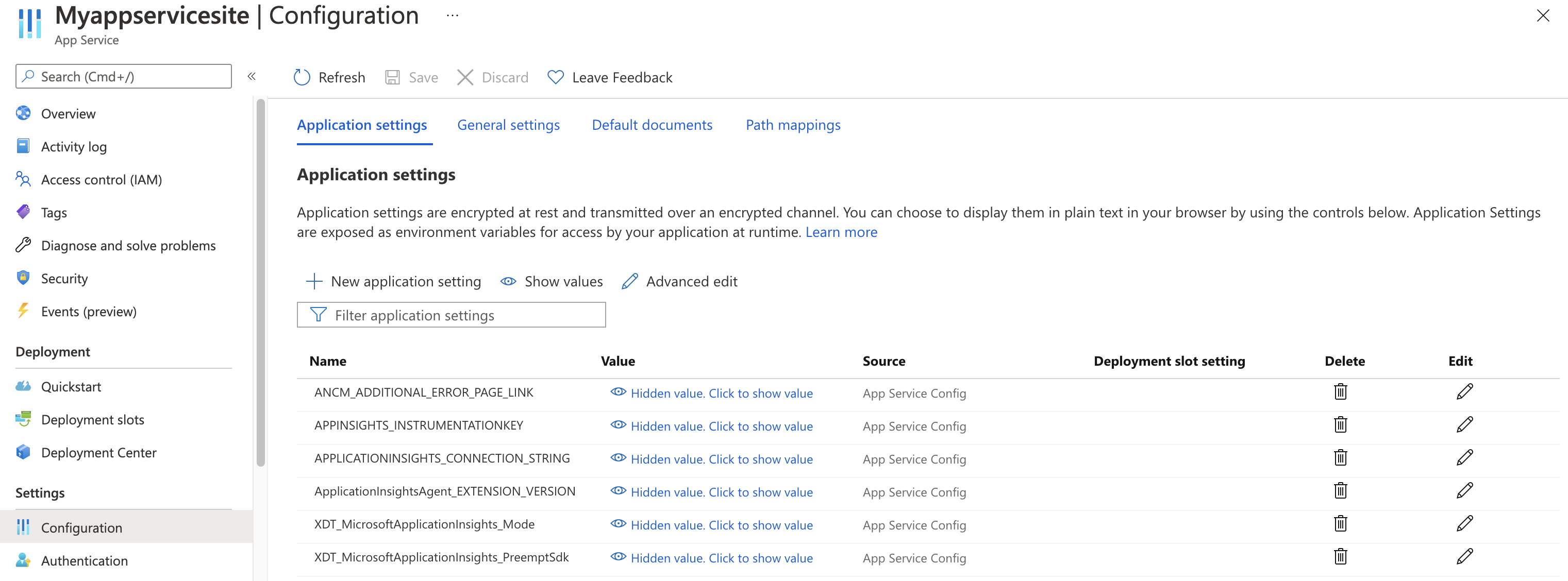 Captura de pantalla de la configuración de la aplicación de App Service con la configuración de Application Insights.