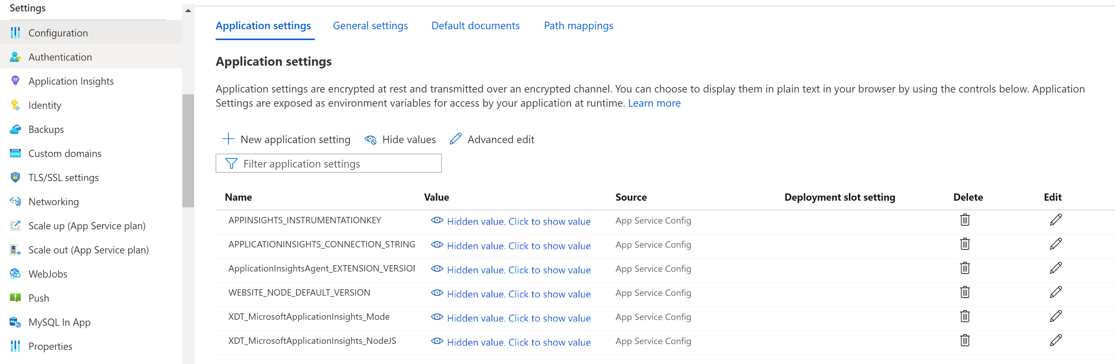 Captura de pantalla de la configuración de la aplicación de App Service con la configuración de Application Insights disponible.