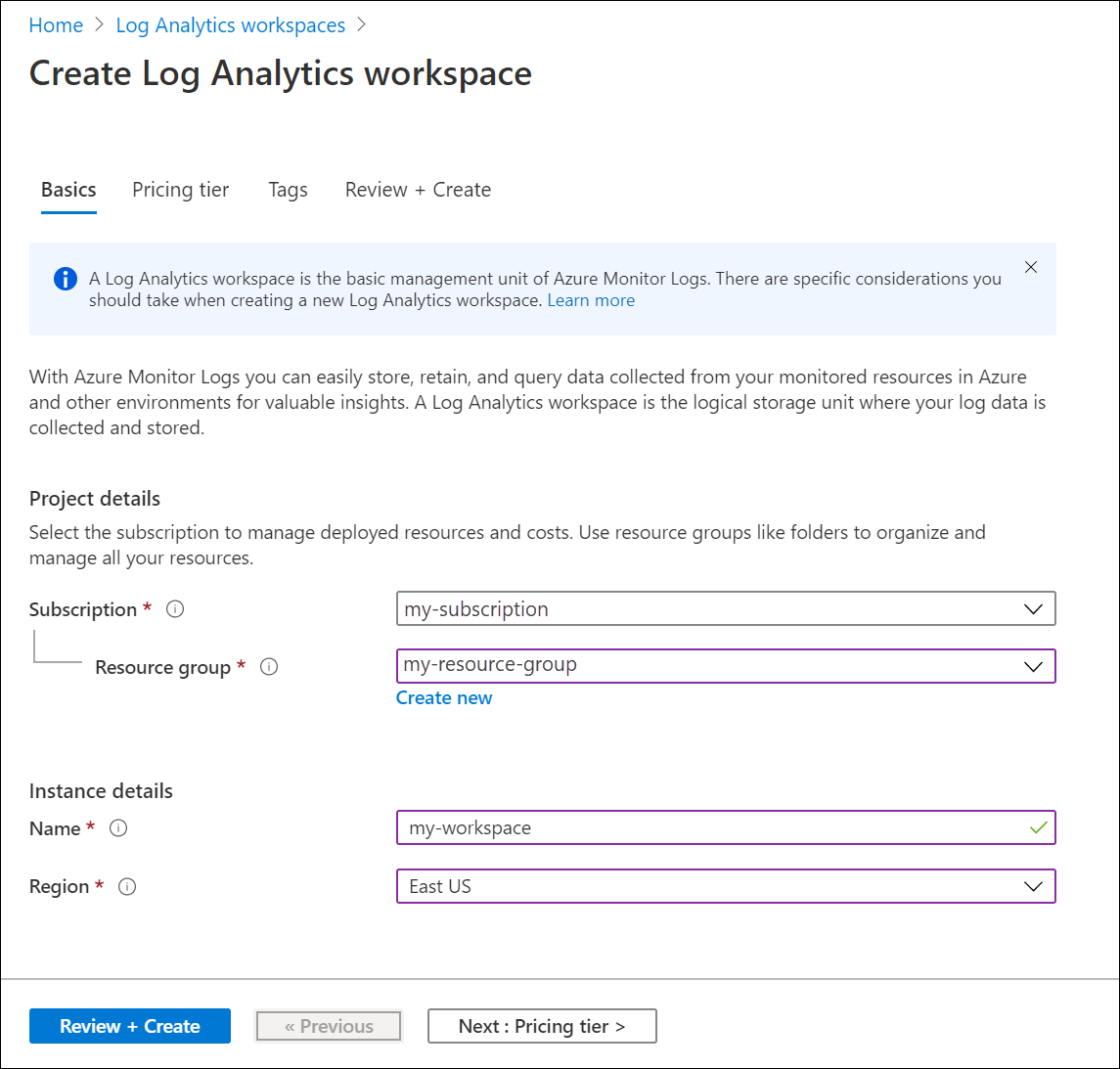 Captura de pantalla que muestra los cuadros que deben rellenarse en la pestaña Aspectos básicos de la pantalla Crear área de trabajo de Log Analytics.