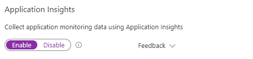 Captura de pantalla que muestra cómo habilitar Application Insights.