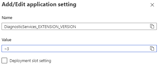 Captura de pantalla de la configuración de la versión de la extensión de los servicios de diagnóstico.