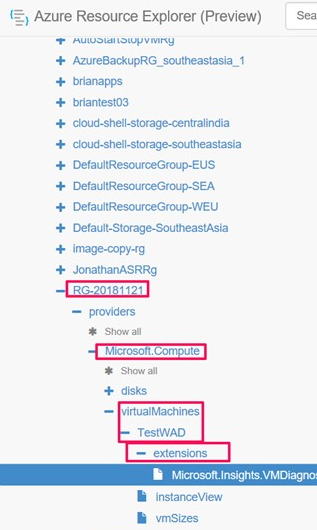 Captura de pantalla de la navegación a la configuración de WAD en Azure Resource Explorer.